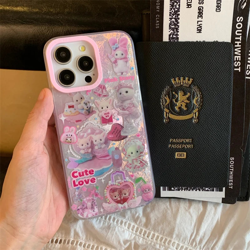 Luxury Laser Rainbow Cute Pink Heart Love Cat Cartoon Phone Case For iPhone 12 13 14 15 16 Pro Max Y2k 3D Furry Cat Doll Lanyard