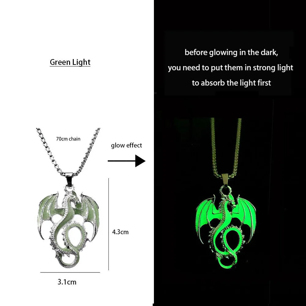 Hiphop Rock Stainless Steel Chain Luminous Alloy Dragon Pendant Glowing Necklace Night Dance Disc Glow In The Dark Necklace