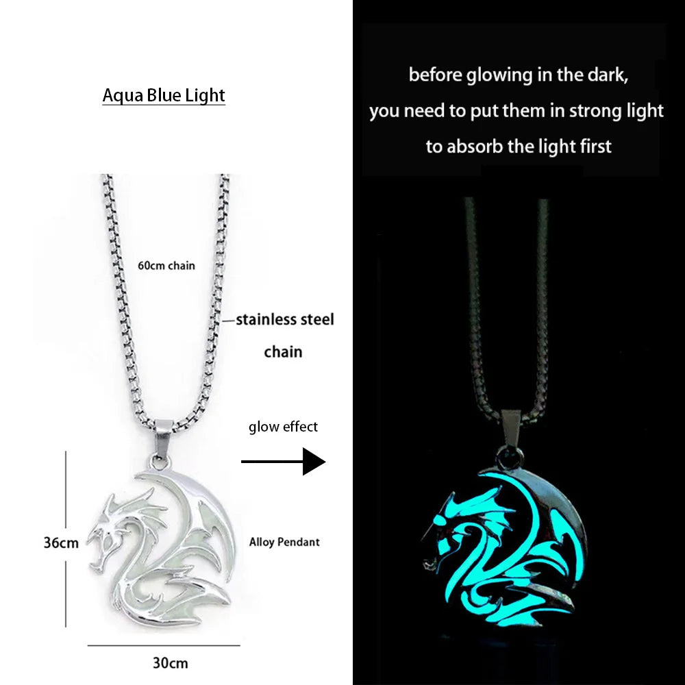 Hiphop Rock Stainless Steel Chain Luminous Alloy Dragon Pendant Glowing Necklace Night Dance Disc Glow In The Dark Necklace