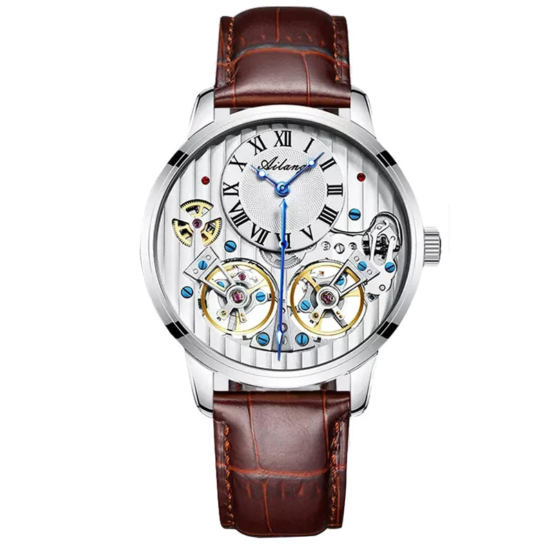 AILANG Double Tourbillon Men Watches Leather Wrist Mechanical Watches Automatic Flying Tourbillon Watches Waterproof Relogio