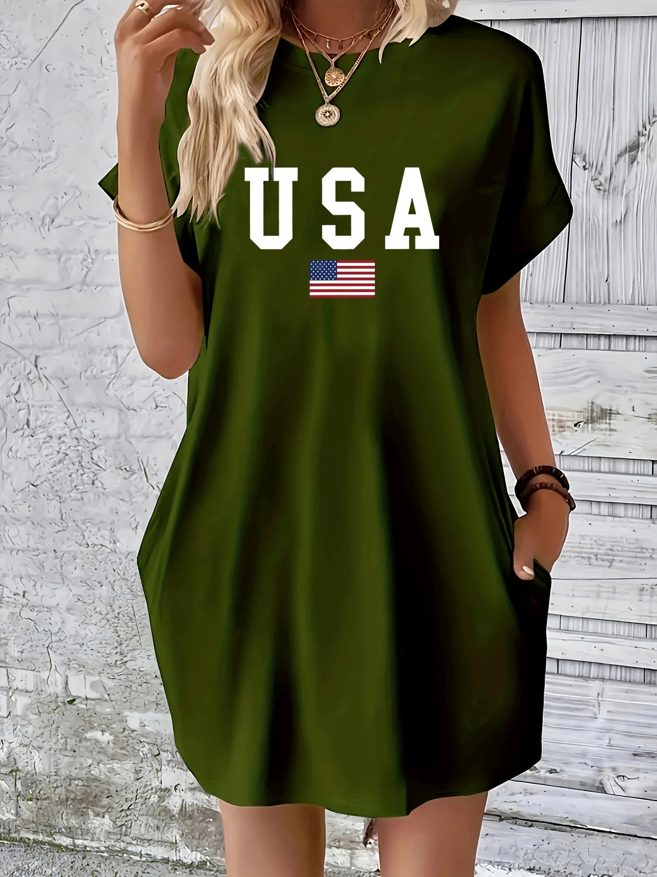 Women's summer loose classic USA flag print round neck short sleeved pocket comfortable casual dress