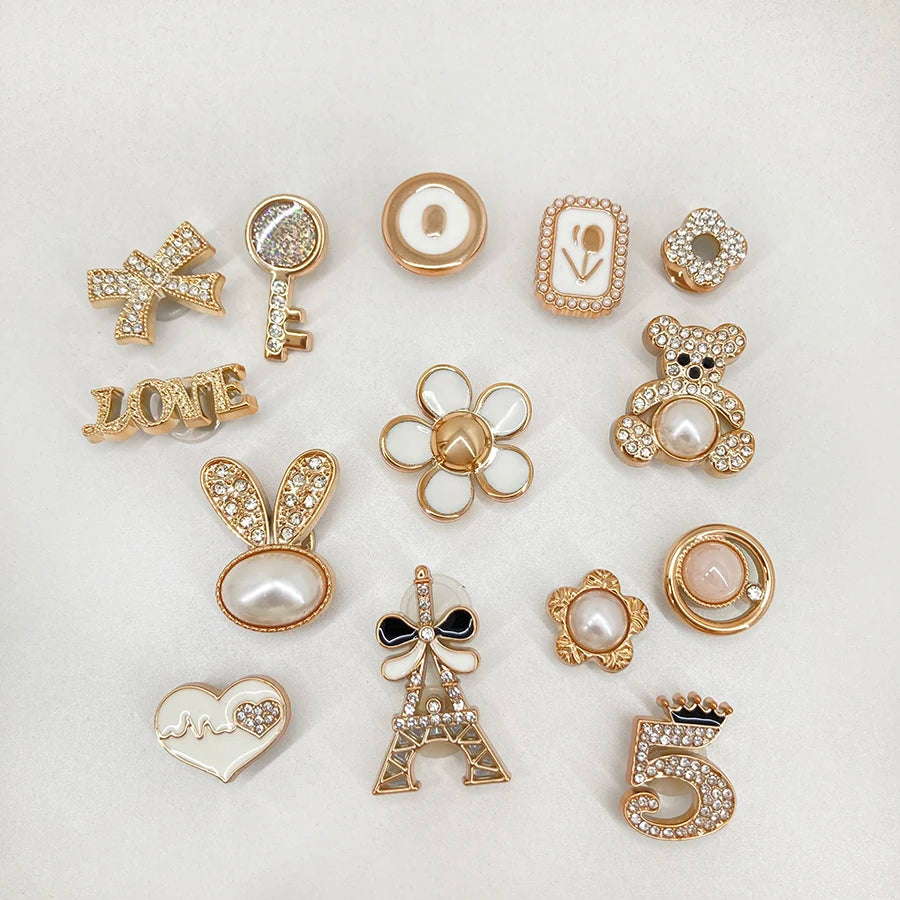 14pcs Sparkling Rhinestone Faux Pearl Shoe Charms Pins Set DIY Detachable Decorative Accessories Suitable For CROCS Clogs