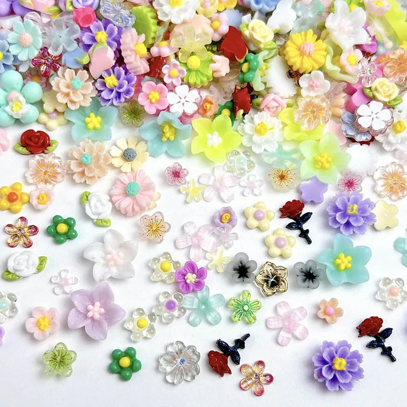 100PCS Random Mixed Strawberry Flowers Nail Charms Sweet Resin Flatback Moon Nail Art Decoration Accessories Manicure DIY