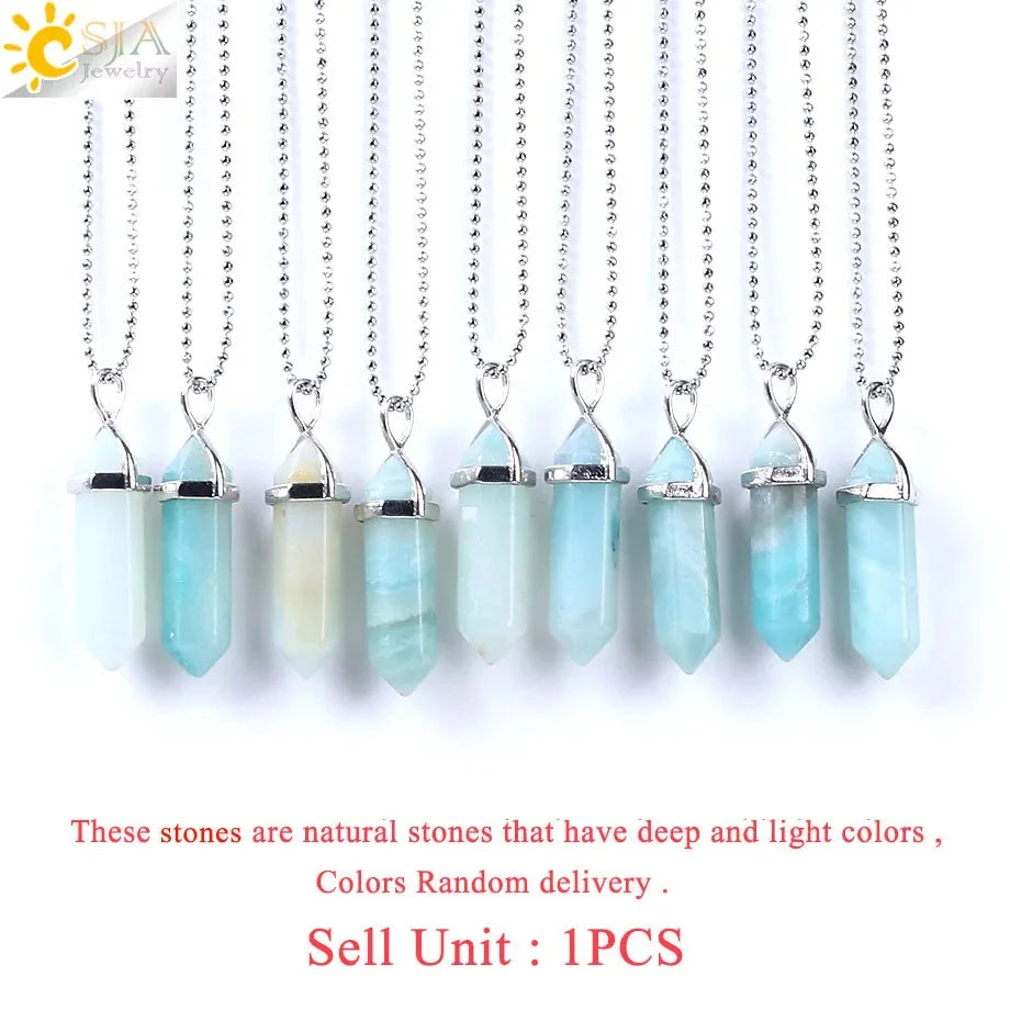 CSJA Hexagonal Bullet Crystal Necklaces Natural Gem Stone Quartz Necklace Pendant Chakra Amethysts Pink Quartz Lapis Lazuli G957