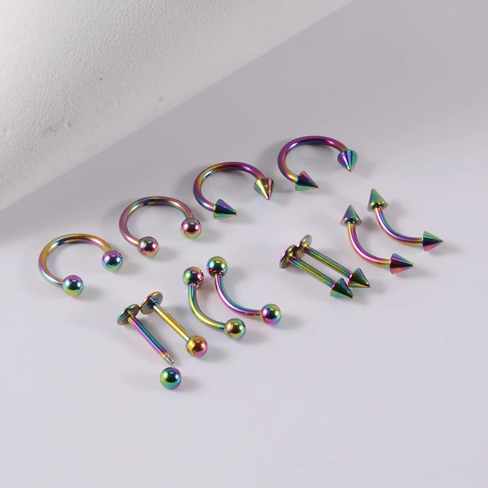 12pcs/Set Surgical Steel Silver Color Gold Plated Black Rainbow Ear Nose Eyebrow Labret Basic Piercing Jewelry Set 8mm