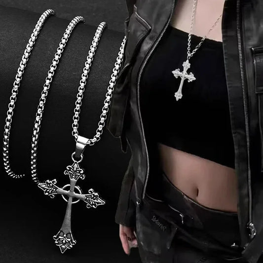 ファッションパーソナリティゴシックアンティークシルバークロスネックレス男女兼用ストリートヒップホップヴィンテージローズフラワーペンダントチョーカー