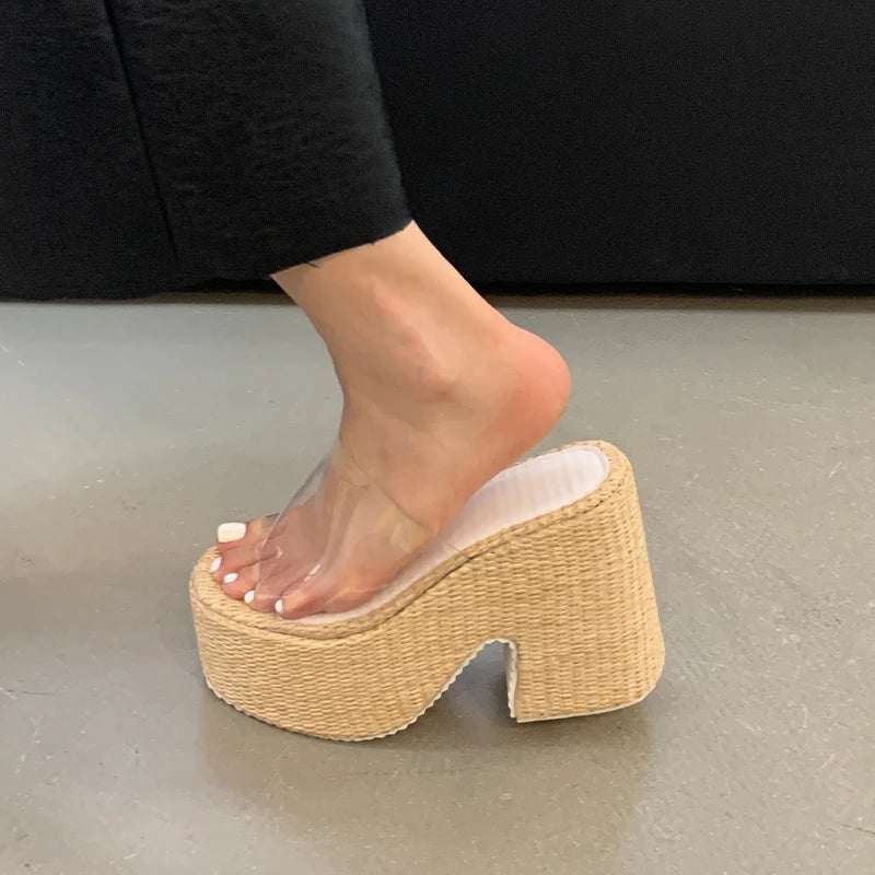 12cm Chunky Heeled Slippers 6cm Platform Block Heels Sandals Women Beach Shoes Summer Clear Sandals