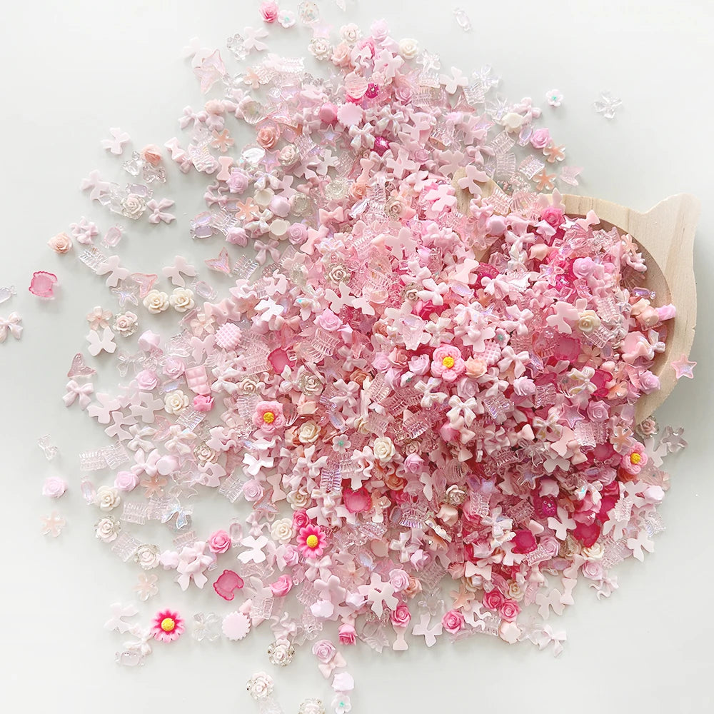 100PCS Random Mixed Strawberry Flowers Nail Charms Sweet Resin Flatback Moon Nail Art Decoration Accessories Manicure DIY