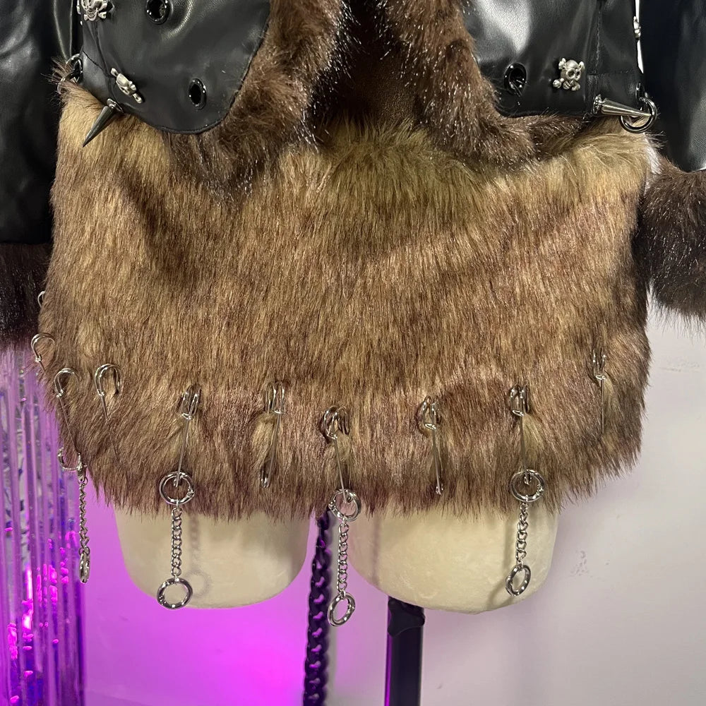 ヒップホップ ティーン Eガールズ エモ グランジ ゴス DIY クラブウェア ハンドメイド パンクロック スタッズ付き Y2K ヴィーガンレザー フェイクファー ジャケット コート ピン