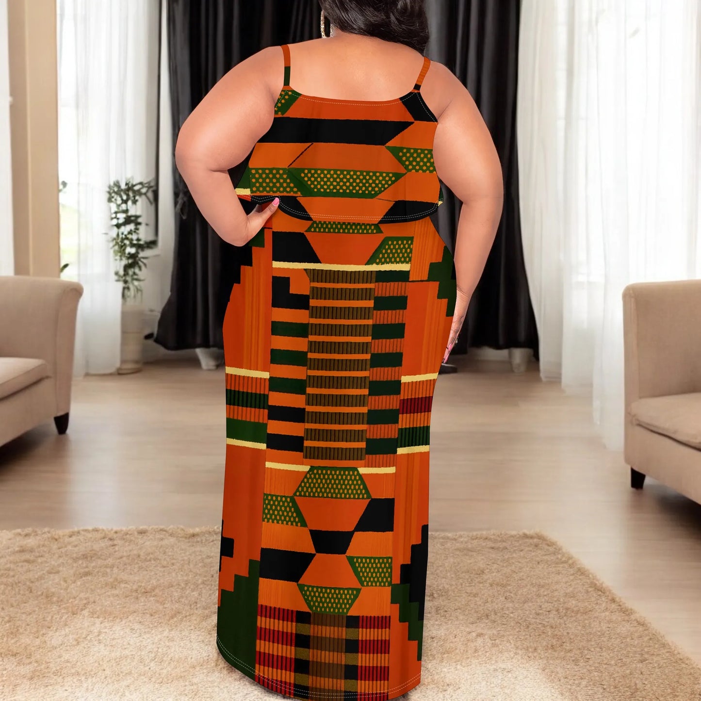 Women's Plus Size African Kente Print Maxi Dress XL-6XL Spaghetti Strap Ruffle Top Summer Party Long Sundress