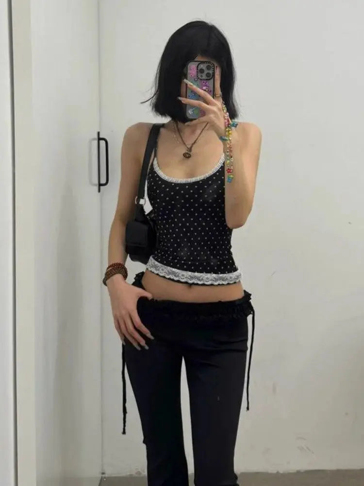 Yedinas Dot Patchwork Lace Halter Tops Sleeveless Tshitrs Tank Tops Summer Camisole Women Clothes Sexy Streetwear Y2k Chic