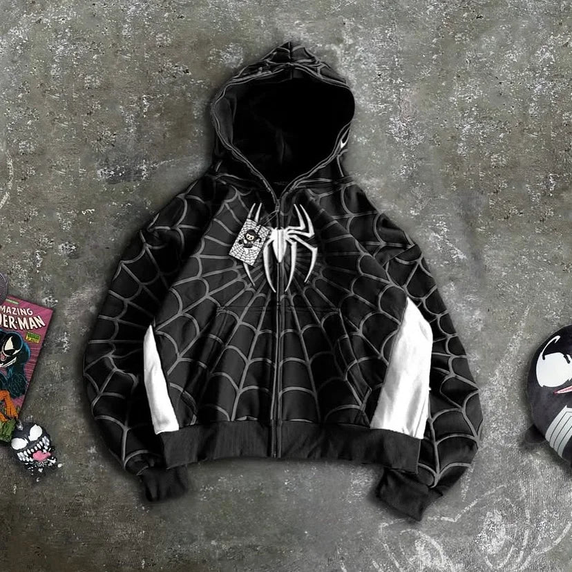 アメリカンスパイダー ヴィンテージ ジップアップフーディー Y2K ファッション メンズ レディース スパイダーグラフィック オーバーサイズフーディー スウェットシャツ カジュアルジャケット