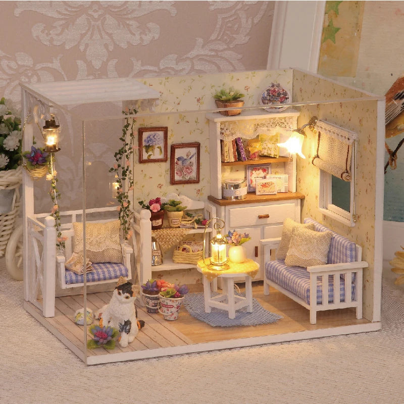 Kitten Mini Doll House Model Building Assembled House Home Kit Creative Room Bedroom Decoration with Furniture Birthday Gifts