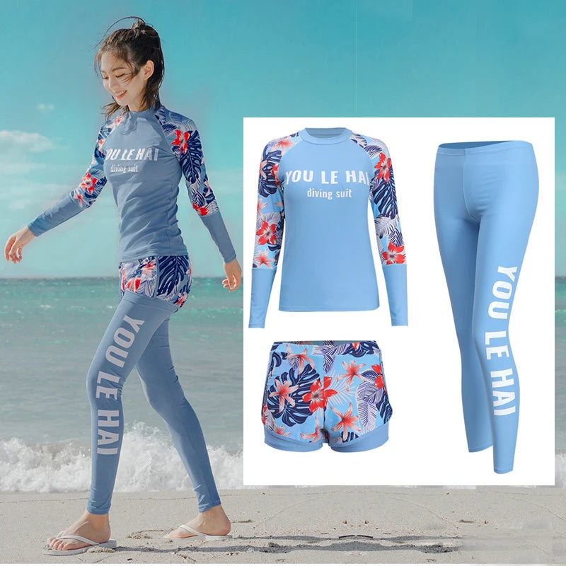 Women's 3pcs/set Printed Long Sleeve Rashguard UV Sun Protection Surf Shirt With Pants Shorts Full Body Bathing Suit Dive Skin