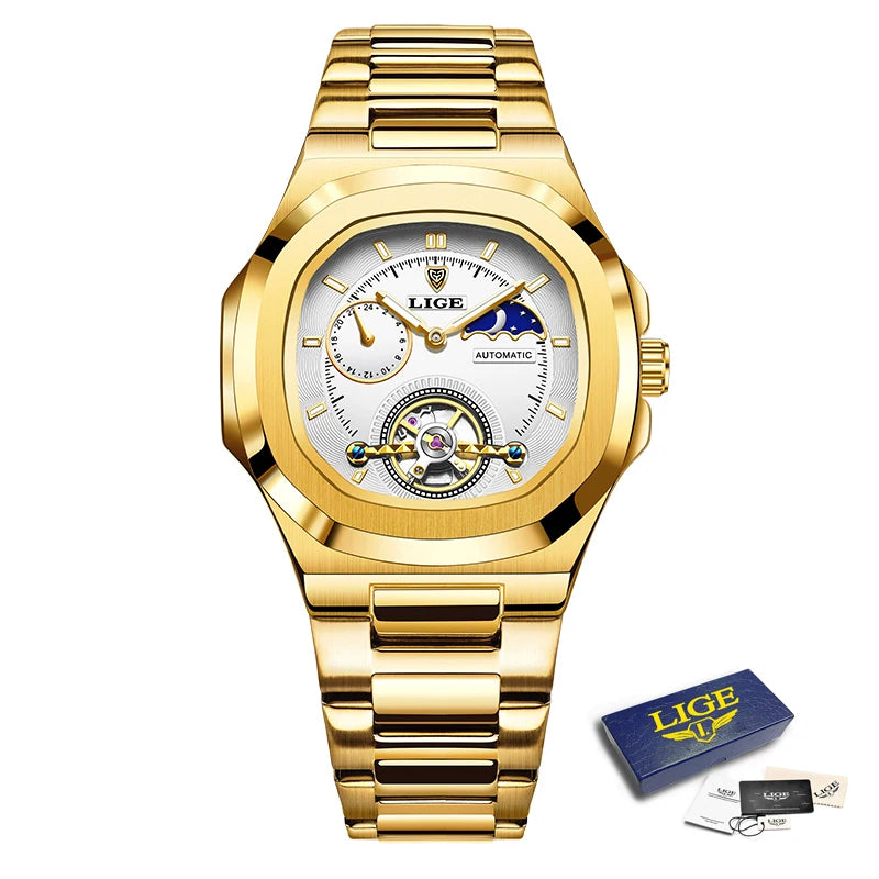 LIGE 2024 Automatic Mens Watch Fashion Stainless Steel Luxury Watches Men Waterproof Luminous Tourbillon Wristwatch Reloj Hombre