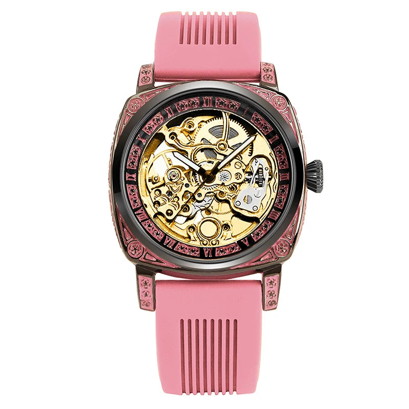 A women's pink tape fashionable Roman numeral tourbillon automatic mechanical watch