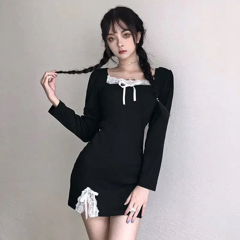 Long Sleeve Dress Women Design Patchwork Lace Bow Square Collar Side-slit A-line Empire Black Sexy Mini Bodycon Dresses Feminine