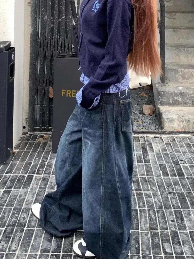 Y2K Fashion New Letters Embroidered Washed Baggy Jean Women Gothic Harajuku Vintage Hip Hop Pop Casual High Waist Wide Leg Pants