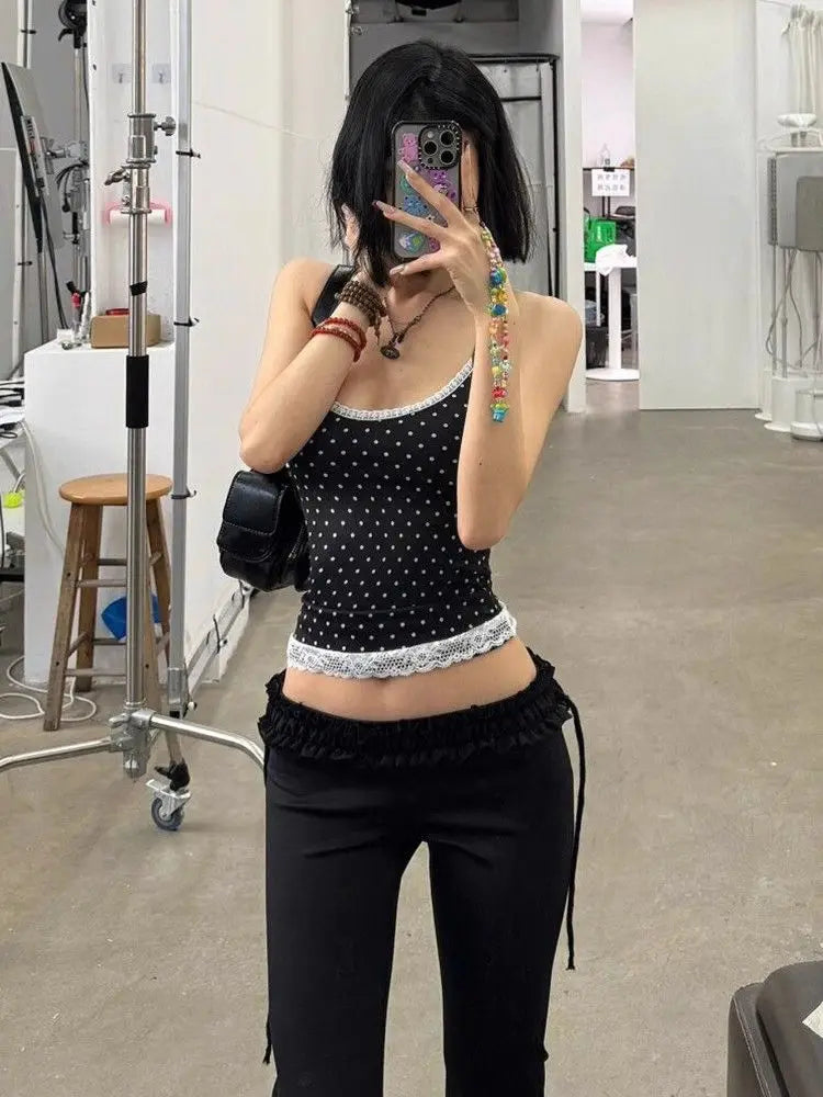Yedinas Dot Patchwork Lace Halter Tops Sleeveless Tshitrs Tank Tops Summer Camisole Women Clothes Sexy Streetwear Y2k Chic