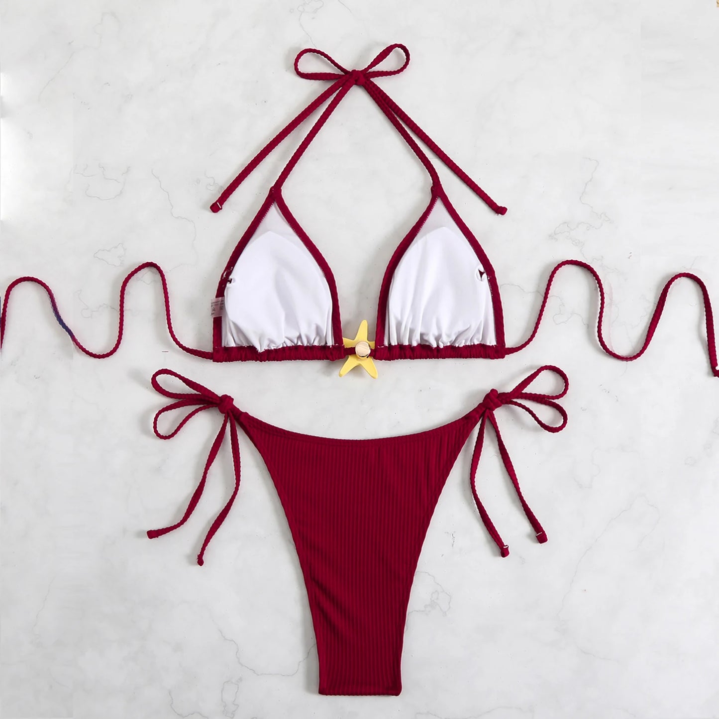 Yiiciovy New Women Push Up Swimwear 2 Piece Bikini Set Starfish Sexy Halter Bandage Beachwear Bathing Suits for Beach Pool