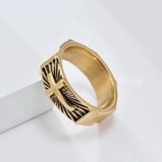 ヴィンテージ ホーリーライト クロスリング メンズ ステンレススチール タリスマンリング 宗教的信仰ジュエリー イースター ハロウィン 感謝祭ギフト