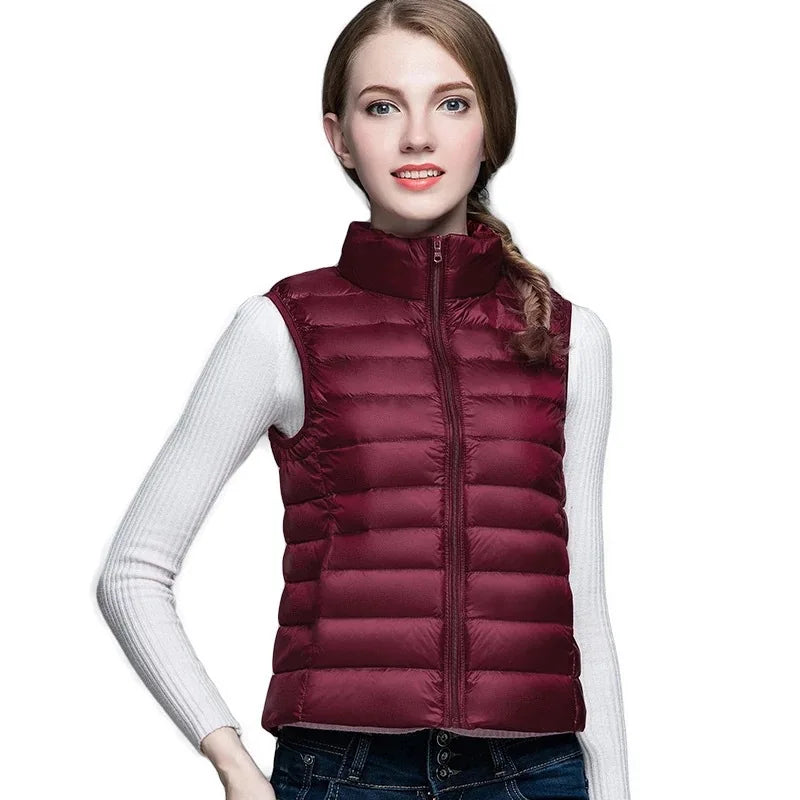 White Stand Collar Women's Sleeveless Down Vest Coat Winter Thin Slim Business Vests White Blue Black Red Women Waistcoat 3XL