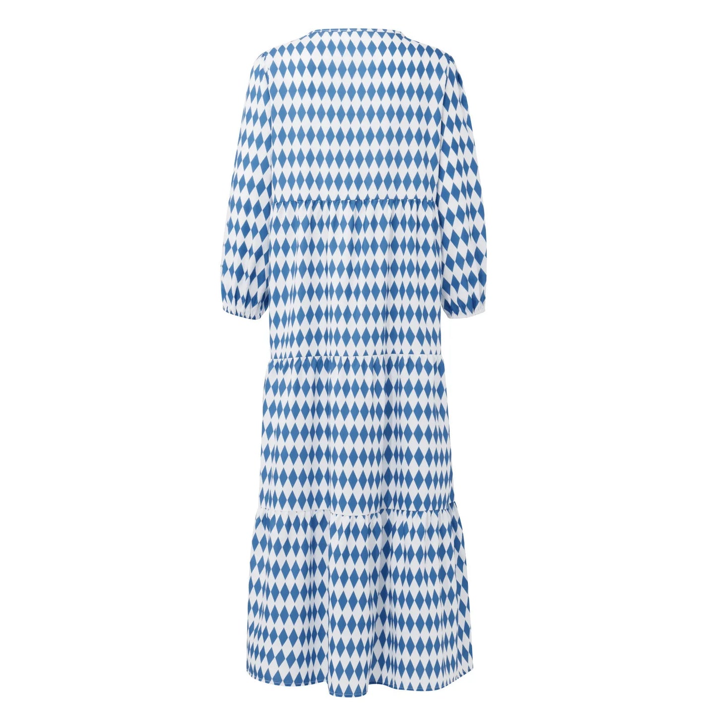 Women's Summer Casual Fashion Geometric Print Neckline Lace-up Bubble Middle-sleeves Ruffle Stitching Big Swing Long Losse Dress