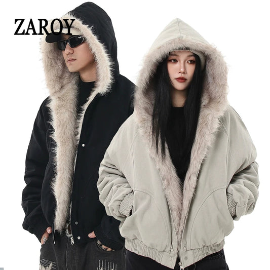 ZAROY レディース&メンズ 冬用ジャケット Y2K ストリートウェア ファーカラー フード付き カジュアル ルーズコート 暖かい 原宿系 パーカー ゴシック パーカー куртк