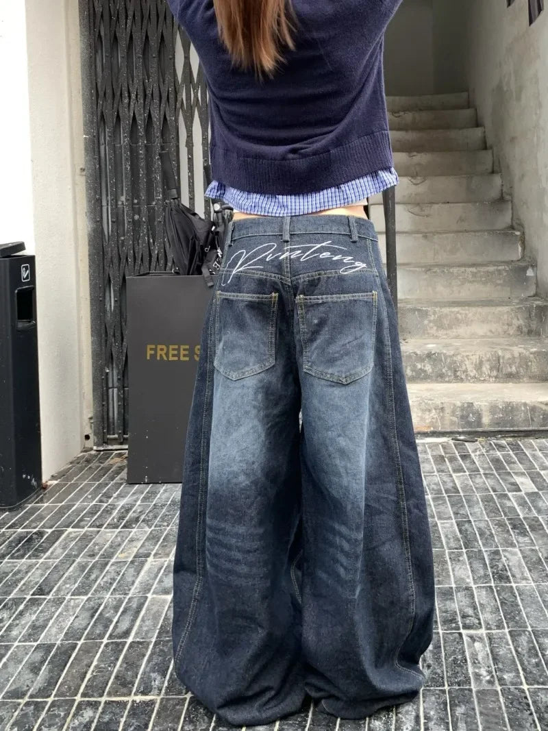 Y2K Fashion New Letters Embroidered Washed Baggy Jean Women Gothic Harajuku Vintage Hip Hop Pop Casual High Waist Wide Leg Pants