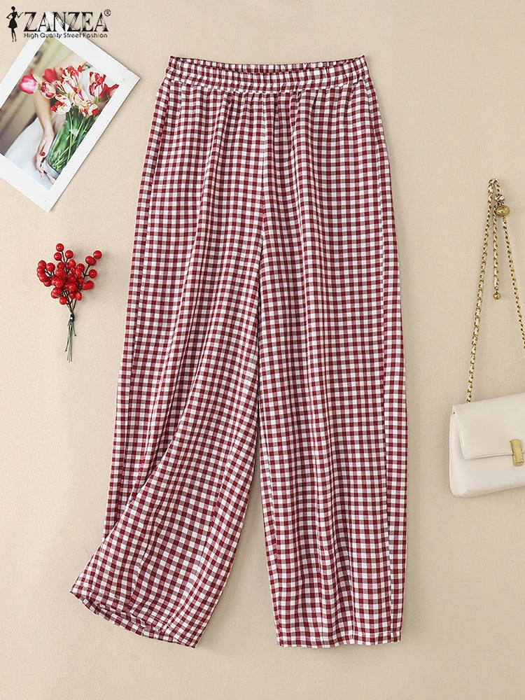 ZANZEA 2025 Plaid Pants Women Fashion Lantern Pants Casual Loose Long Trouser Summer Pockets Elastic Waist Bottoms Oversized