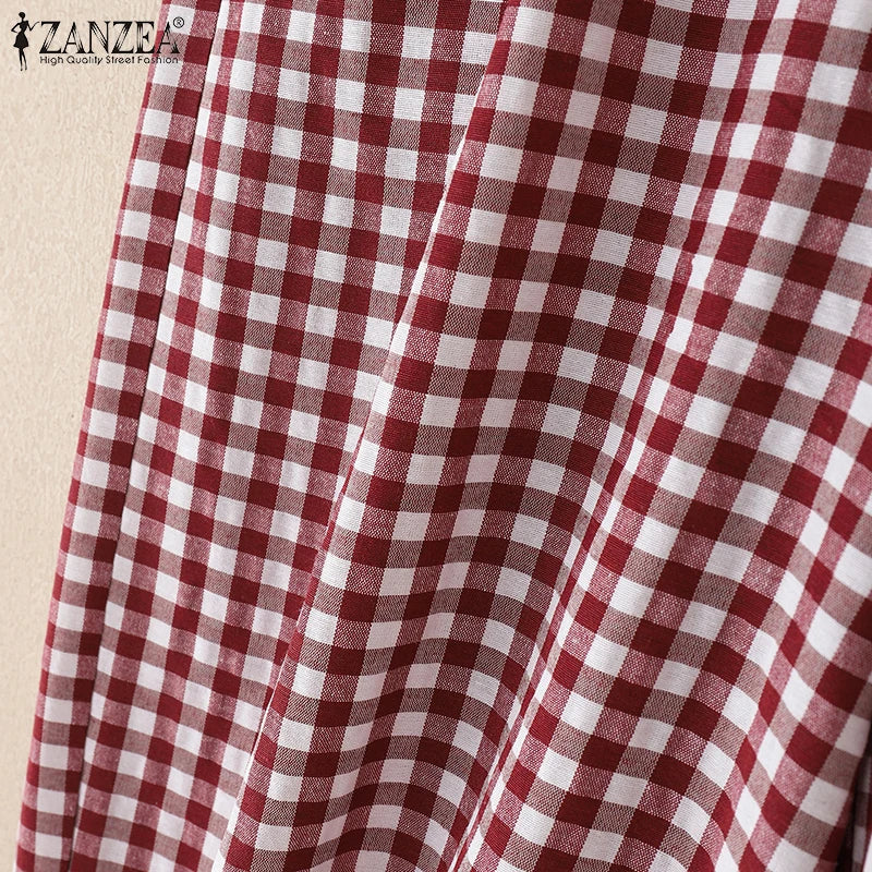 ZANZEA 2025 Plaid Pants Women Fashion Lantern Pants Casual Loose Long Trouser Summer Pockets Elastic Waist Bottoms Oversized