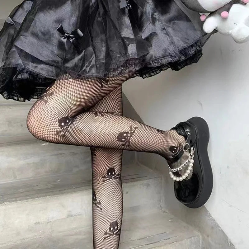 Woman Girls Gothic Cartoon Fishnet Stockings Snake Kuromies Skull Socks Mesh Tights Panties Lolita Plus Size Pantyhose Leggings