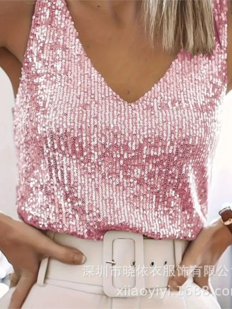 Women Vest Top Sequin Sexy Tops Vests Sleeveless V Neck Backless Camis Elegant Splice Casual Streetwear 2025 Fashion Tanks