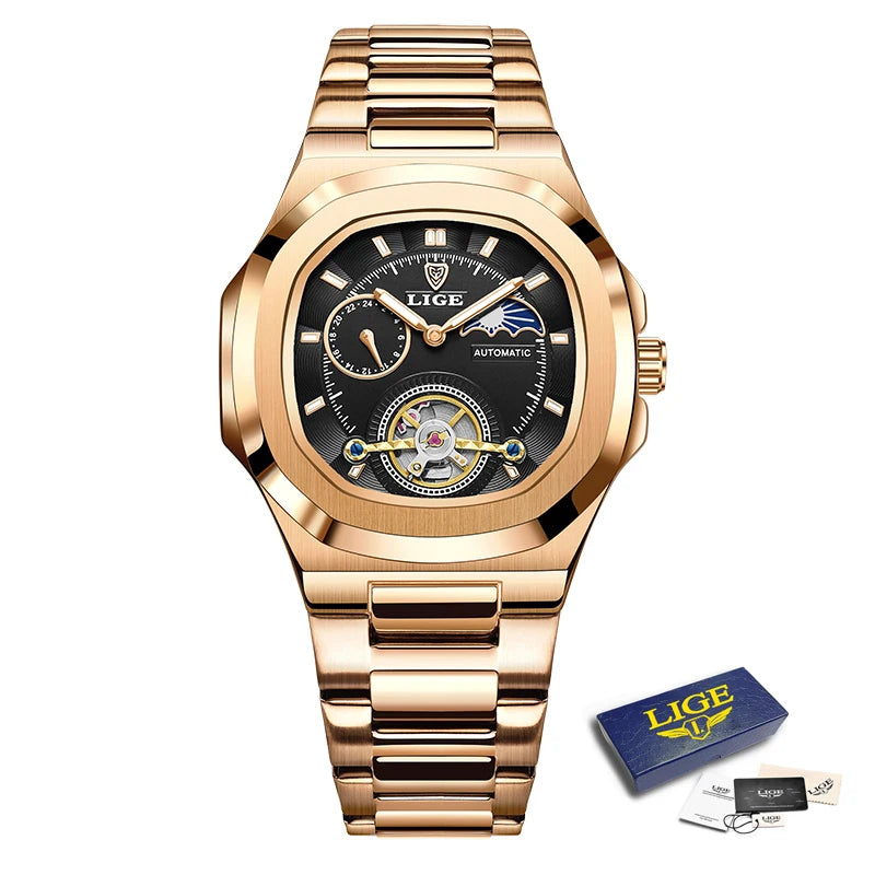 LIGE 2024 Automatic Mens Watch Fashion Stainless Steel Luxury Watches Men Waterproof Luminous Tourbillon Wristwatch Reloj Hombre