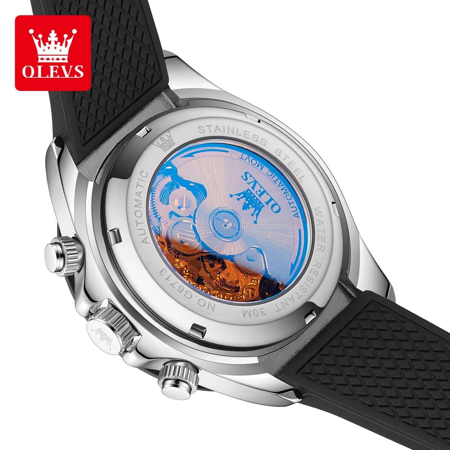 OLEVS 6713 Men Mechanical Watch Hollow Dial Tourbillon Fashionable Business Sport Waterproof Date Moon Silicone Strap