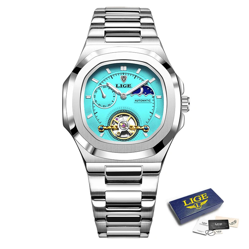 LIGE 2024 Automatic Mens Watch Fashion Stainless Steel Luxury Watches Men Waterproof Luminous Tourbillon Wristwatch Reloj Hombre
