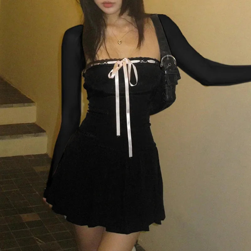 Y2K Black Square Collar Long Sleeve Dress Women Elegant Lace-up Bow A-line Mini Dress Korean Short Dresses Aesthetic Clothes 원피스