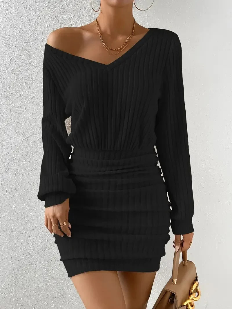 Women V Neck Ribbed Sweater Dress Y2K Long Sleeve Slim Bodycon Knitted Dresses Ladies Short Bodycon Dresses