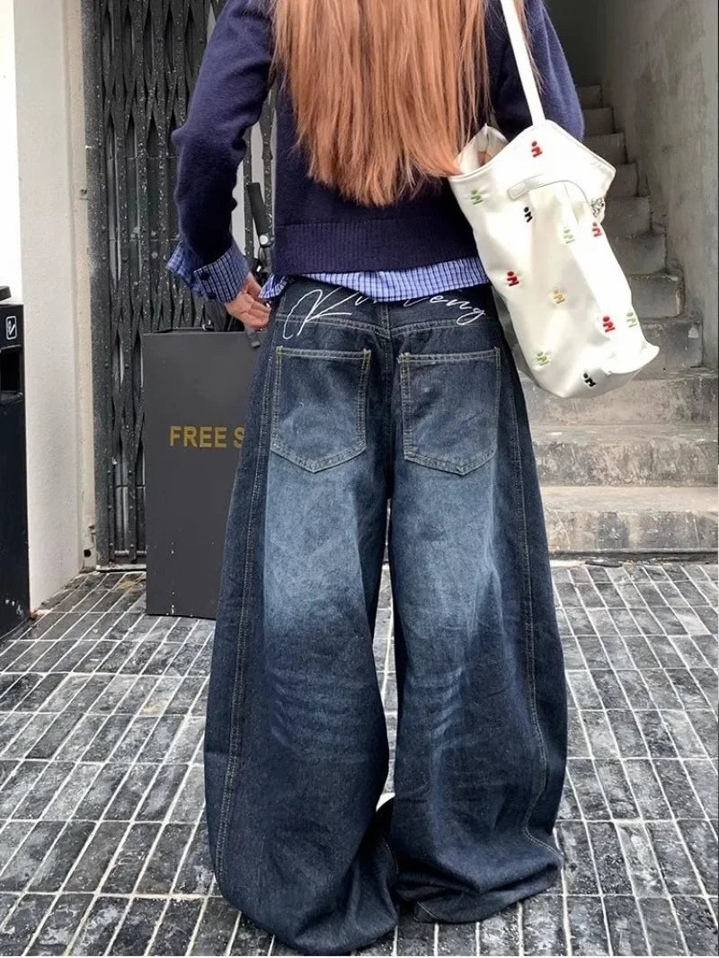 Y2K Fashion New Letters Embroidered Washed Baggy Jean Women Gothic Harajuku Vintage Hip Hop Pop Casual High Waist Wide Leg Pants
