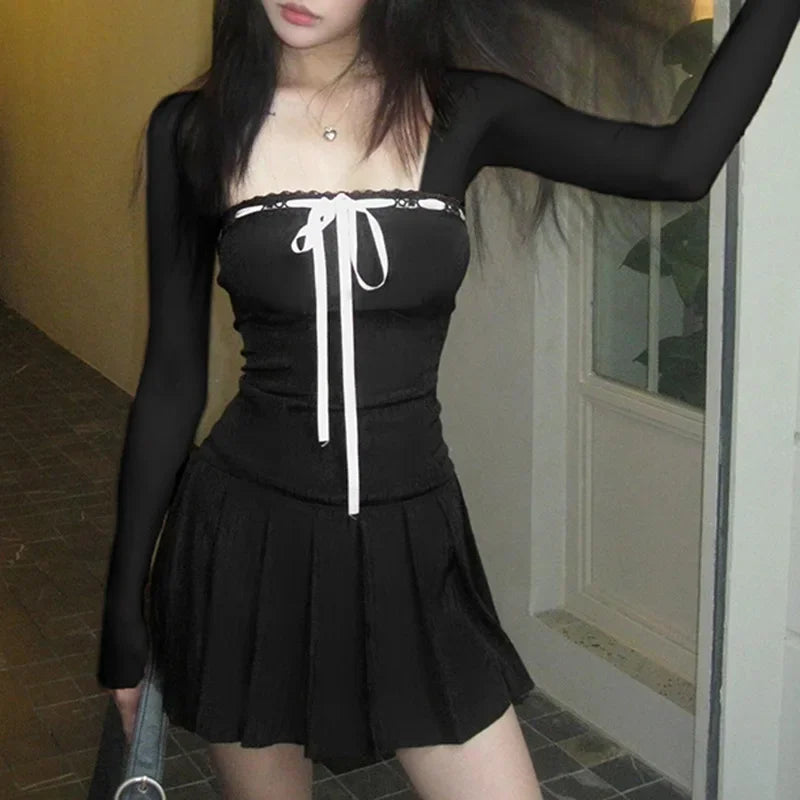 Y2K Black Square Collar Long Sleeve Dress Women Elegant Lace-up Bow A-line Mini Dress Korean Short Dresses Aesthetic Clothes 원피스