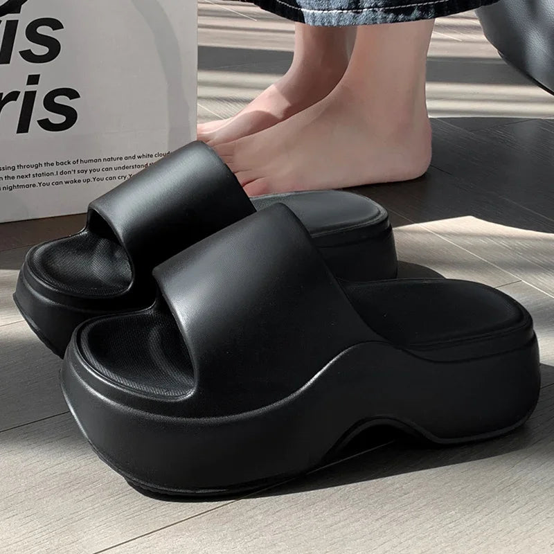 YNPO Solid Color EVA Platform Slippers Women Thick Sole Non Slip Beach Slides Sandals Lady Summer Soft Sole Wedge Heel Slipper