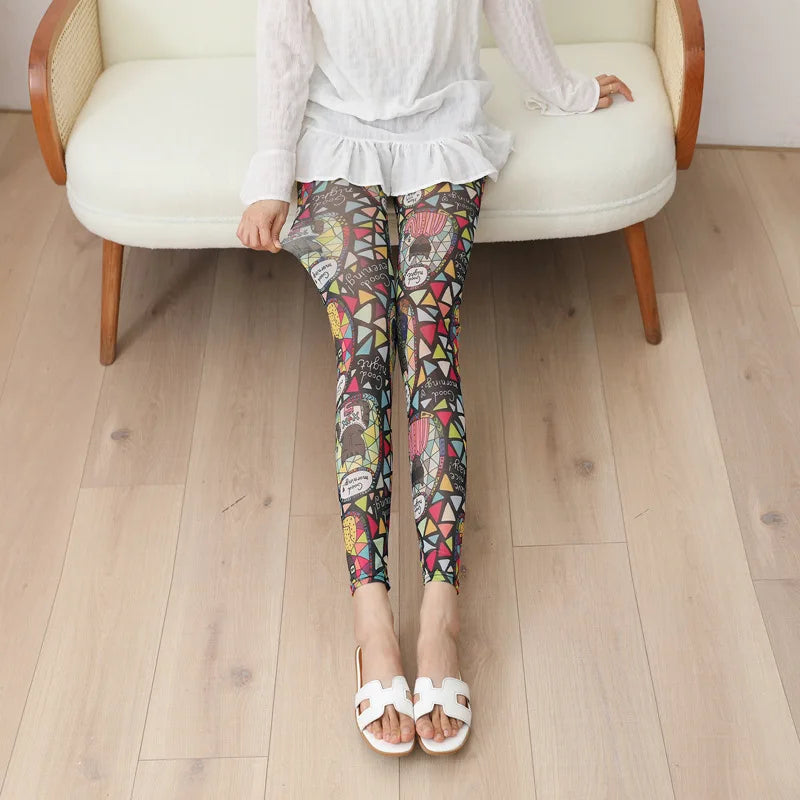 Women Trendy and Fashionable Printed Mesh Leggings, Ice Silk Flower Cartoon Shorts,Sexy Girl Fitness Elastic Pants