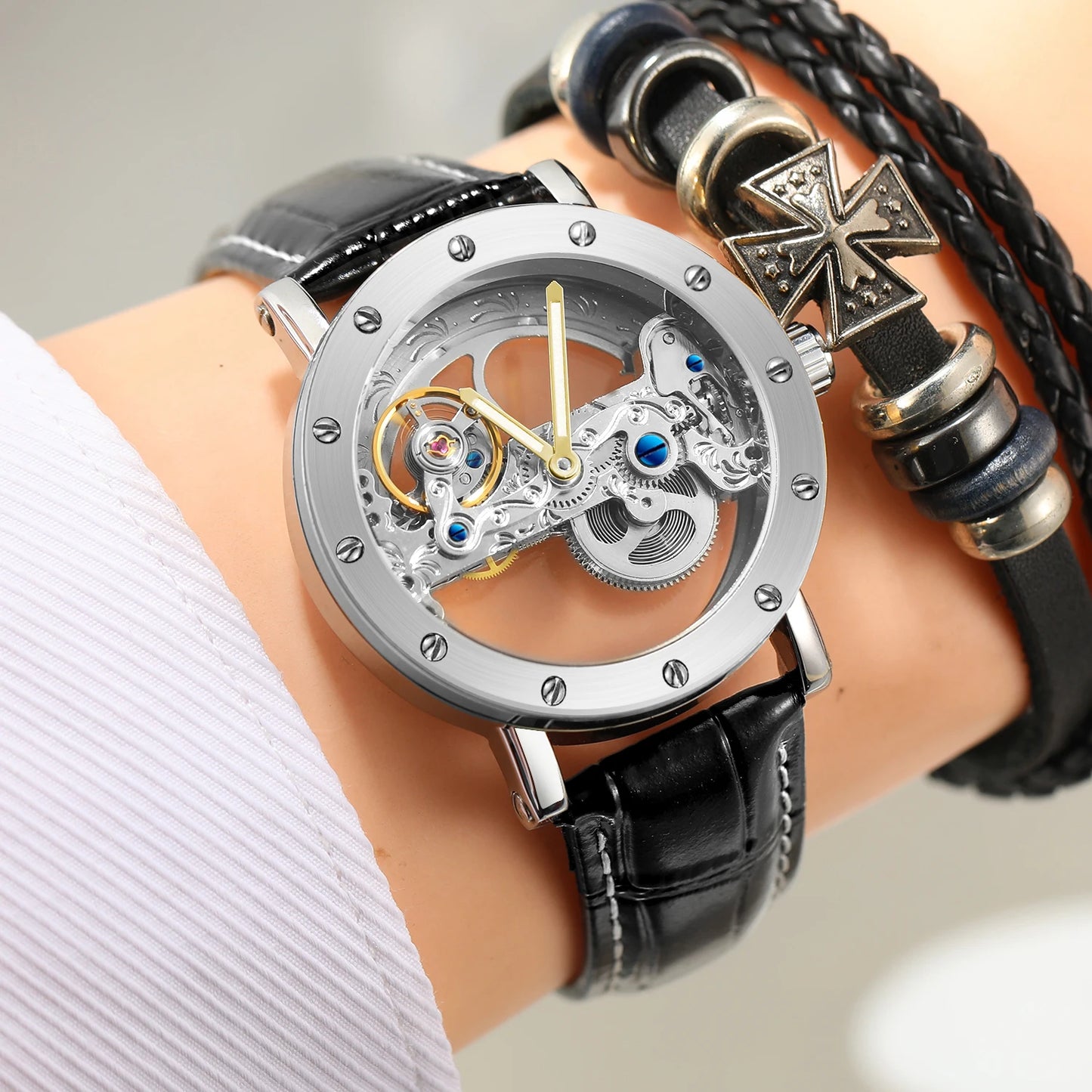 2024 Top Brand Luxury Steel Skeleton Tourbillon Automatic Watch Men Leather Mechanical Waterproof Luminous Elegant Wrist Clock