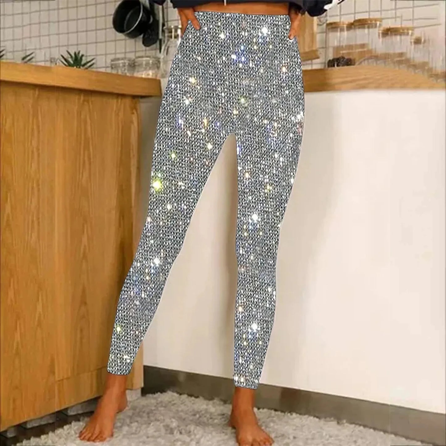 Women Sequin Leggings High Waist Bottoming Trousers Fashion High Waist Party Nightclub Leggings Sexy Ladies Slim Long Pants