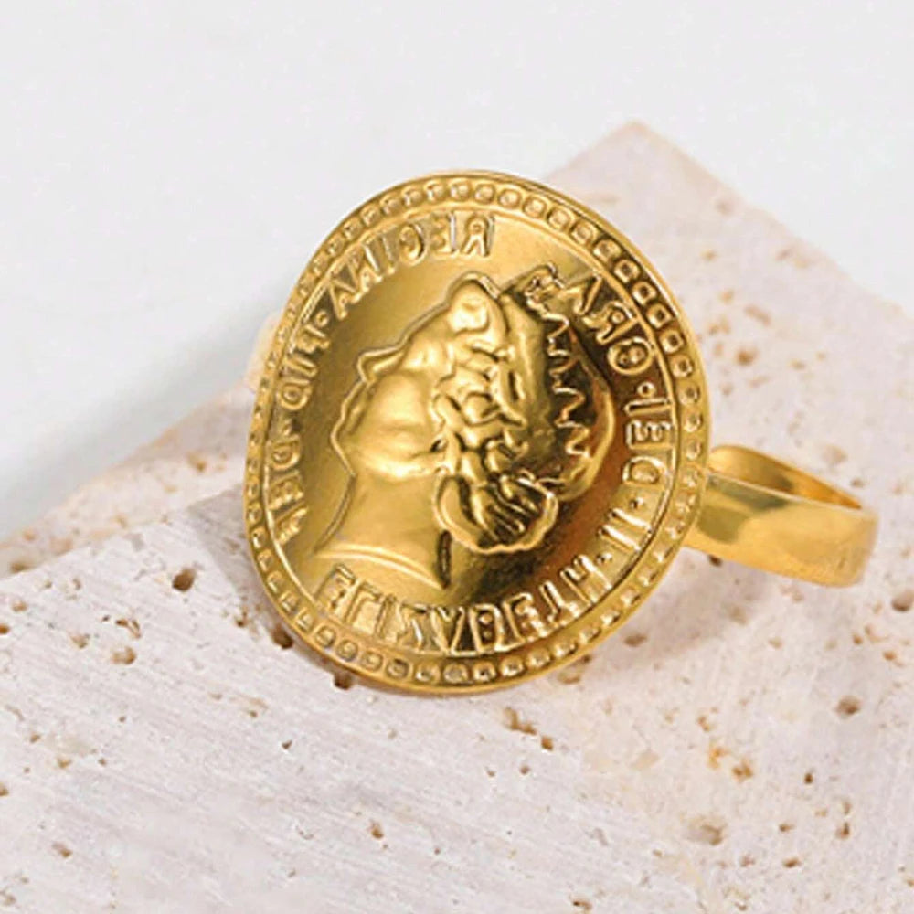 Vintage Ancient Greek Arethusa Goddess Coin Rings For Women Imitation Pearl Zircon Moon Stainless Steel Ring Fashion Jewelry