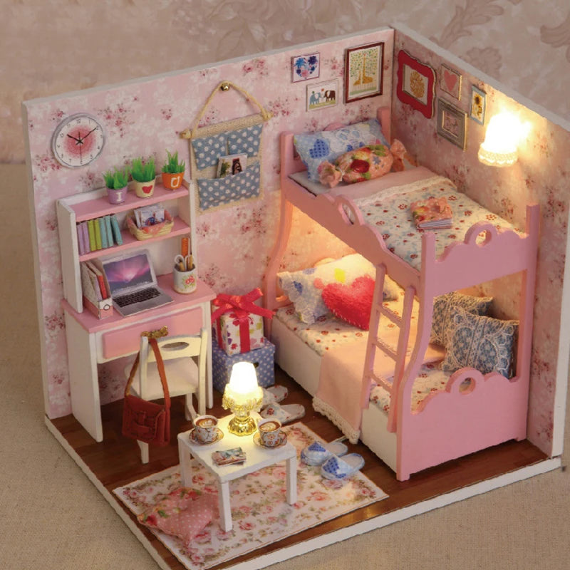 Kitten Mini Doll House Model Building Assembled House Home Kit Creative Room Bedroom Decoration with Furniture Birthday Gifts