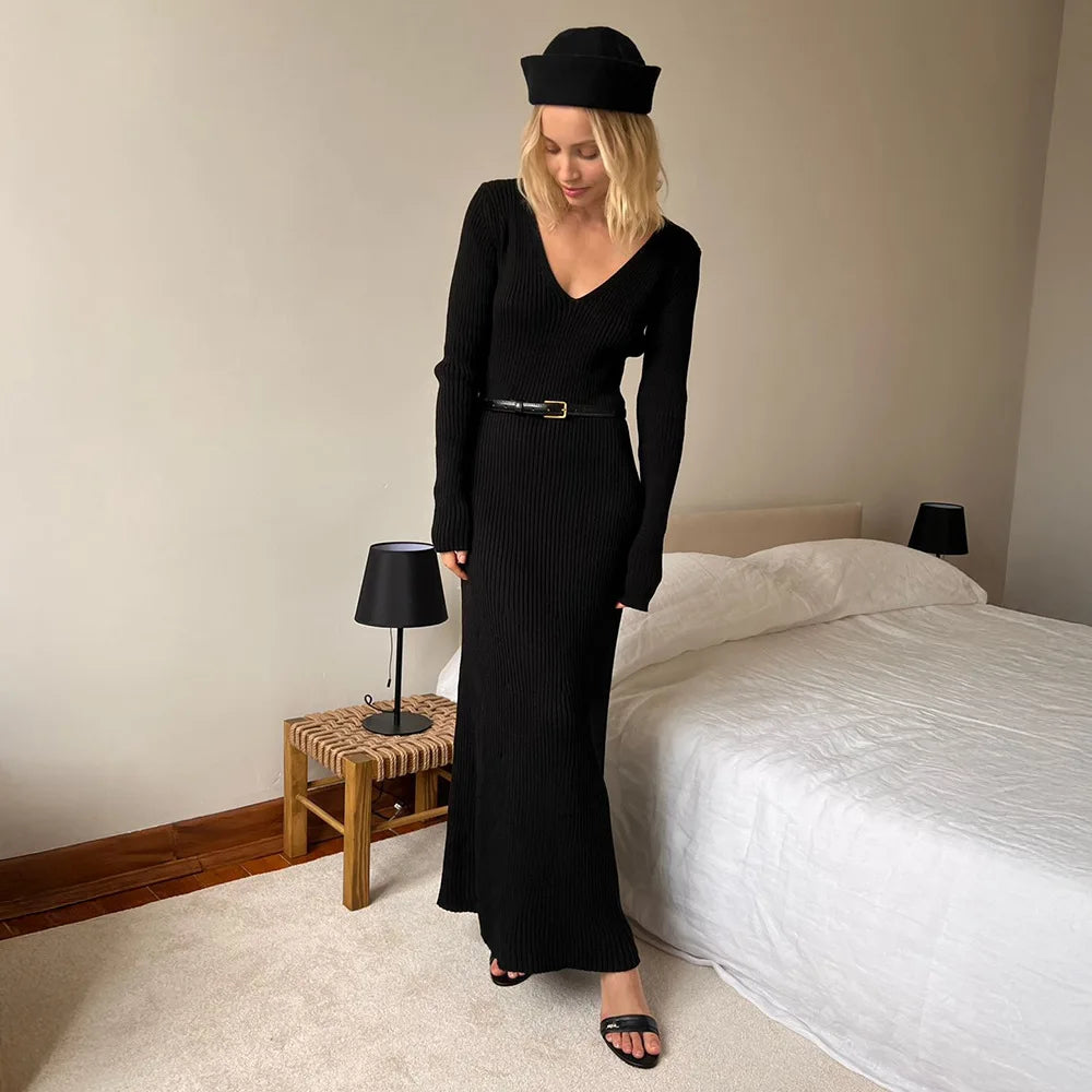 2025 Autumn Women's New Solid Color Long Sleeve V-neck Slim Bodycon Knitted Maxi Dress Trendy Elegant Fashion Sexy Dresses