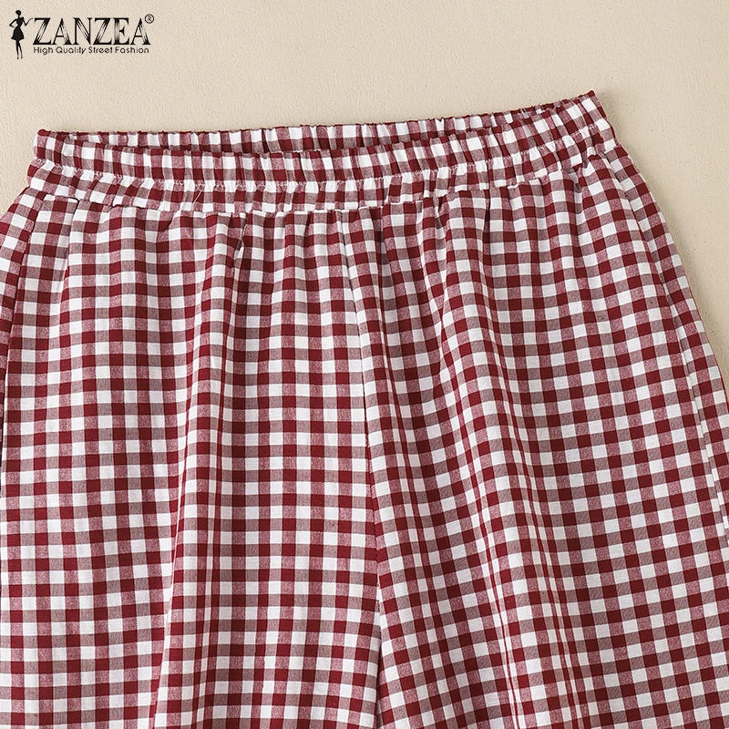 ZANZEA 2025 Plaid Pants Women Fashion Lantern Pants Casual Loose Long Trouser Summer Pockets Elastic Waist Bottoms Oversized