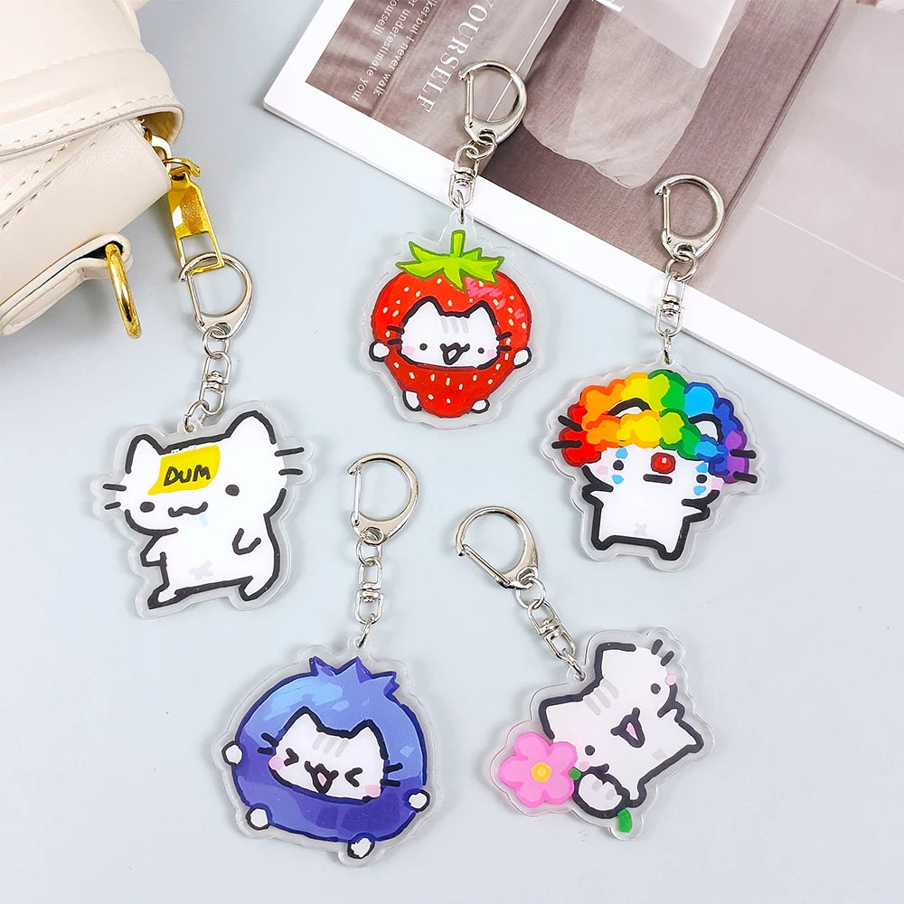 Lovely Pet Kitten with Flower Keychains Cartoon Strawberry Cat Keyring Creative Backpack Pendant Key Chain Fans Friends Gifts