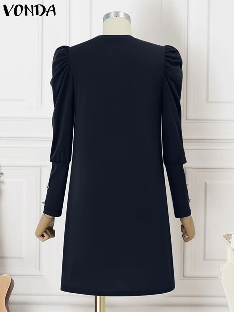 VONDA Elegant A-Line Mini Dress Casual Loose Solid Color Sundress 2025 Round Neck Long Lantern Sleeve Vestidos Robe Oversized